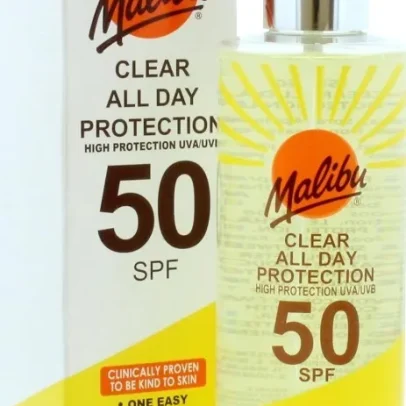 Malibu Clear All Day Protection SPF50 250ml water resistant sunscreen spray with dry feel