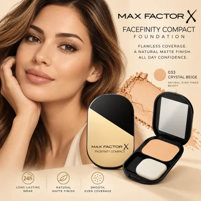 Model wearing Max Factor Facefinity Compact Foundation shade 033 Crystal Beige with smooth matte complexion