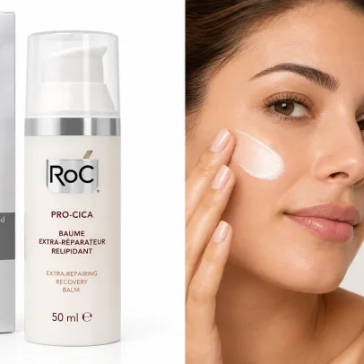 RoC Pro-Cica Extra-Repairing Recovery Balm 50ml with packaging and model applying soothing balm to sensitive skin