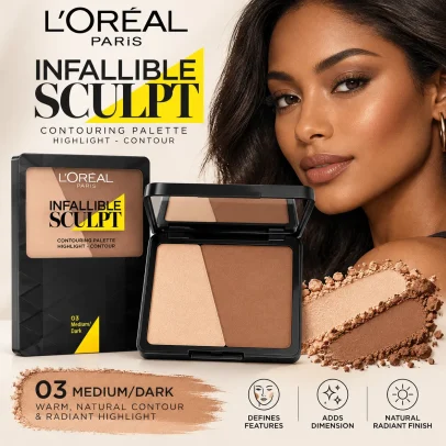 Model wearing L'Oréal Infallible Sculpt Contouring Palette 03 Medium Dark showing natural-looking cheekbone contour and highlighting.