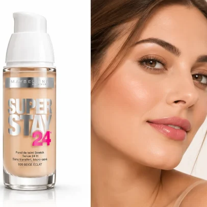 Maybelline SuperStay 24H Foundation 020 Beige Éclat Cameo 30ml with pump bottles, model and foundation shade swatch